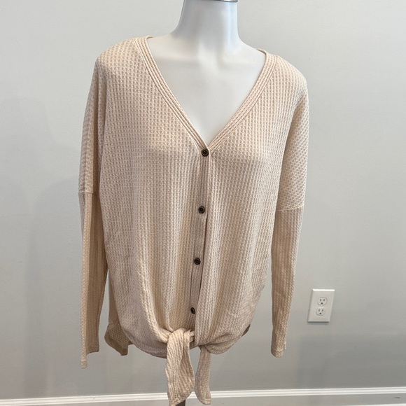 Iwollence Small Cream Beige Tie-Front Button Cardigan Top - Picture 3 of 9